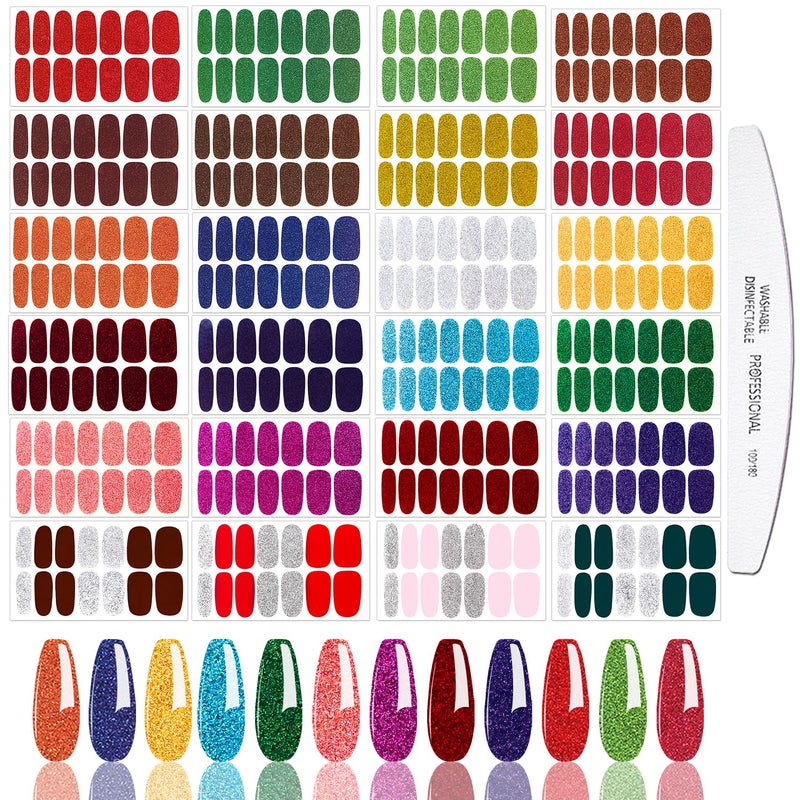 JERCLITY 24 Sheets Glitter Solid Color Nail Polish Strips Stickers with Nail File SelfAdhesive Nail Strips Stick On Nail Stickers Full Nail Wraps for Women Girls
