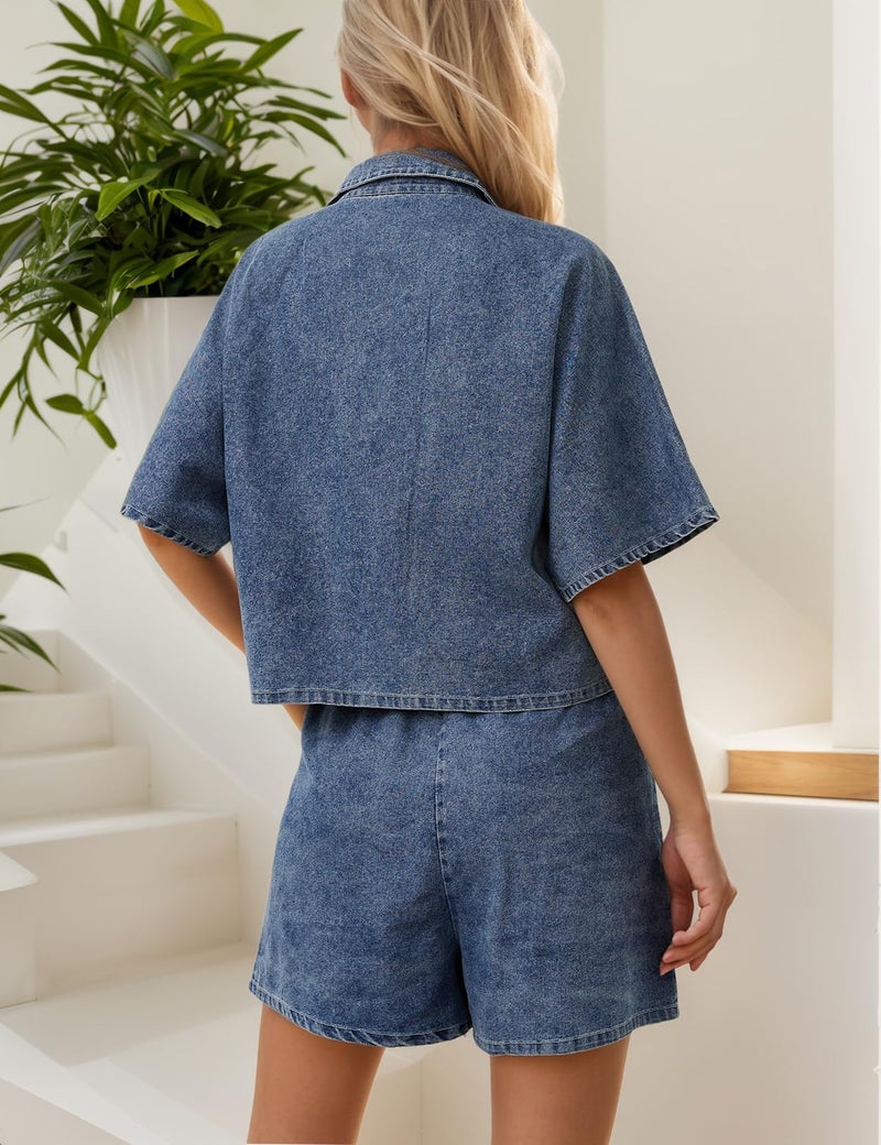 Zilcremo Womens 2 Piece Outfits Summer Denim Sets Short Sleeve Button Down Crop Jean Shirts High Waist Denim Shorts Sets Darkblue M - Image 4
