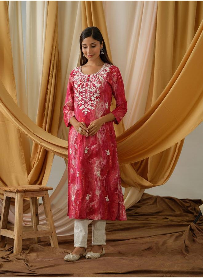 DW Printed Embroidered Round Neck Straight Kurta by Styli  - Image 2