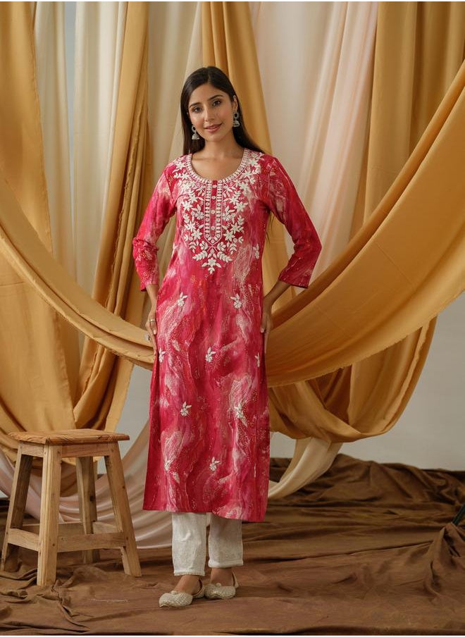 DW Printed Embroidered Round Neck Straight Kurta by Styli  - Image 1