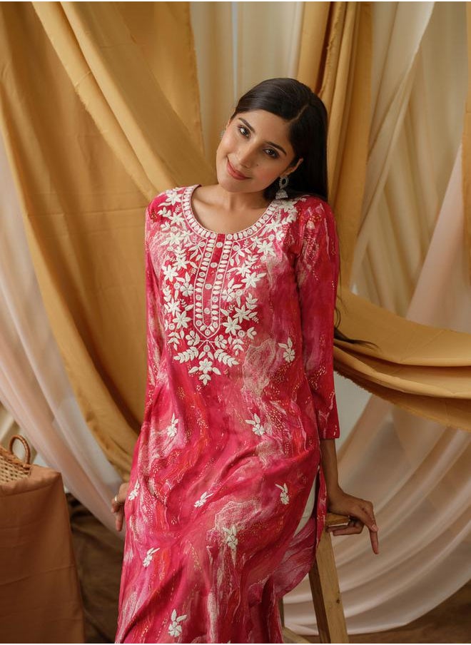DW Printed Embroidered Round Neck Straight Kurta by Styli  - Image 5
