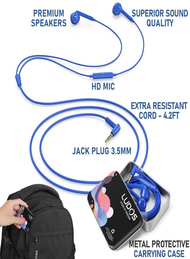 LUDOS Ferox In-Ear Headphones with Cable and Microphone, In-Ear Earphones, 3.5 mm Jack Plug Earbuds, Rich Bass Earphones, Headphones for iPhone, iPad, Samsung - Blue - Image 2