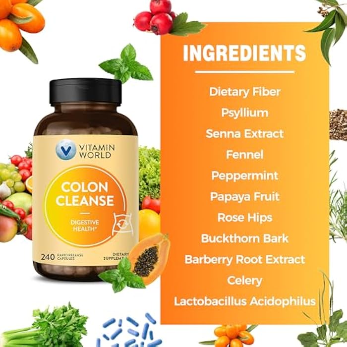 Vitamin World Colon Cleanse - 240 Capsules, Gut Detox with Psyllium Husk, Senna, Probiotics, Dietary Fiber & Herbal Blend – Supports Constipation Relief, Digestive Health & Regularity, Gluten-Free - Image 5