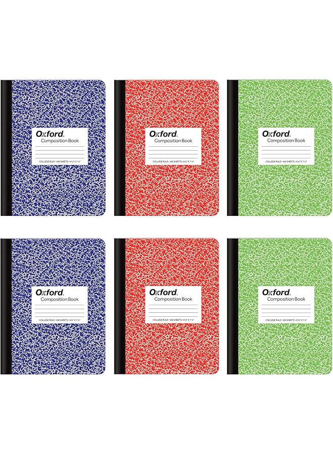 Oxford Composition Notebook 6 Pack College Ruled Paper 9 3 4 X 7 1 2 Inches 100 Sheets Assorted Marble Covers. 2 Each Blue Green Red 63763 - Image 1