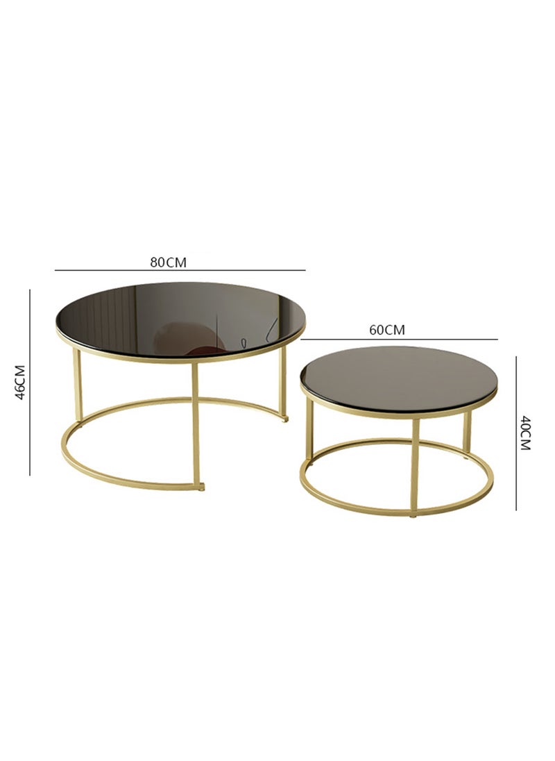 Set of 2 nesting coffee table, Thickened Tempered Glass Round Coffee Tables,Living Room Center Table,Combination End Table,  Metal Frame Sofa Side Table