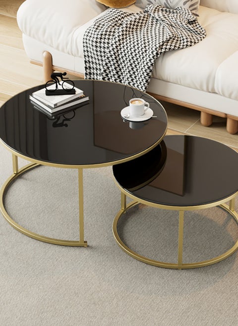 Set of 2 nesting coffee table, Thickened Tempered Glass Round Coffee Tables,Living Room Center Table,Combination End Table,  Metal Frame Sofa Side Table