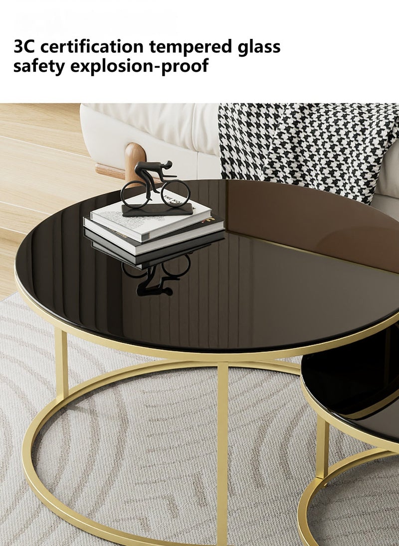 Set of 2 nesting coffee table, Thickened Tempered Glass Round Coffee Tables,Living Room Center Table,Combination End Table,  Metal Frame Sofa Side Table