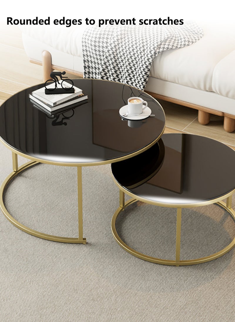 Set of 2 nesting coffee table, Thickened Tempered Glass Round Coffee Tables,Living Room Center Table,Combination End Table,  Metal Frame Sofa Side Table