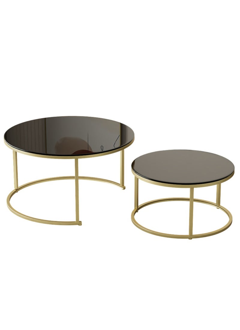 Set of 2 nesting coffee table, Thickened Tempered Glass Round Coffee Tables,Living Room Center Table,Combination End Table,  Metal Frame Sofa Side Table