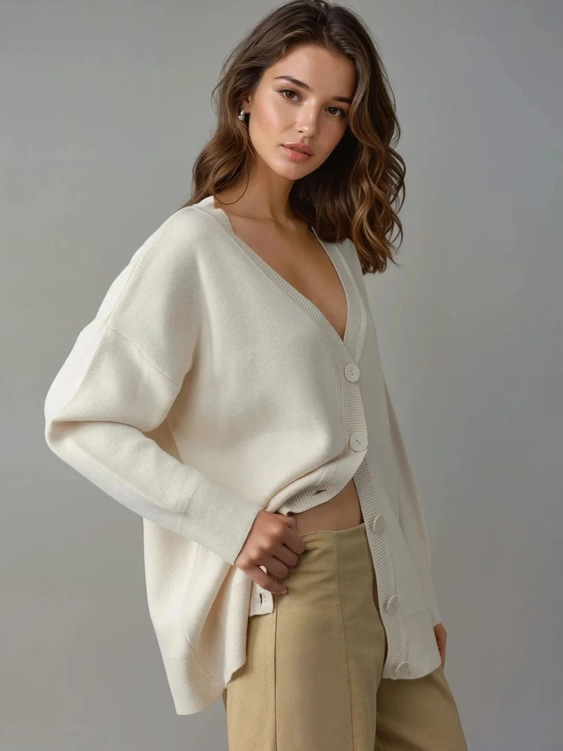 ماي فاشن MY FASHION Oversized Ribbed V-Neck Button Cardigan