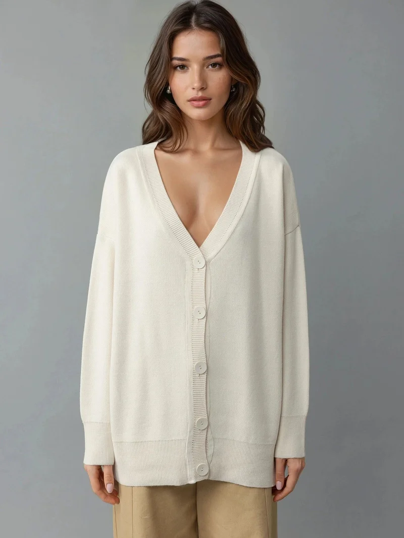 MY FASHION Cream Natural MY FASHION Oversized Ribbed V-Neck Button Cardigan for Women | Best Price UAE
