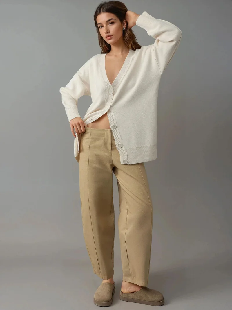 MY FASHION Cream Natural MY FASHION Oversized Ribbed V-Neck Button Cardigan for Women | Best Price UAE