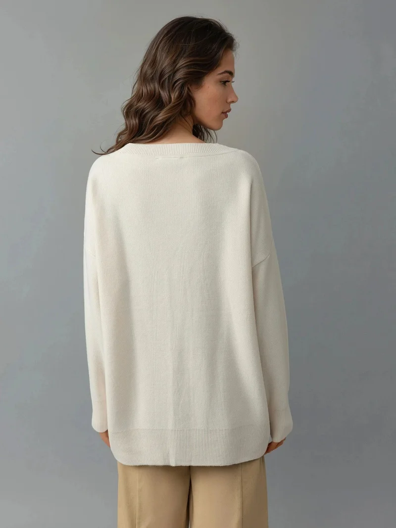 MY FASHION Cream Natural MY FASHION Oversized Ribbed V-Neck Button Cardigan for Women | Best Price UAE