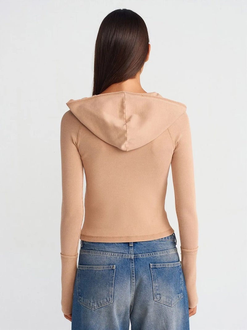DILVIN Ribbed Cotton-blend Cropped Hooded Blouse - Image 2