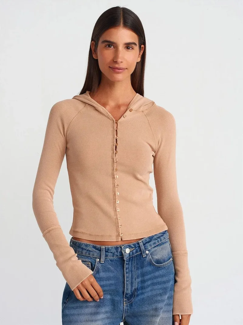 Dilvin Dilvin Ribbed Cotton-blend Cropped Hooded Blouse