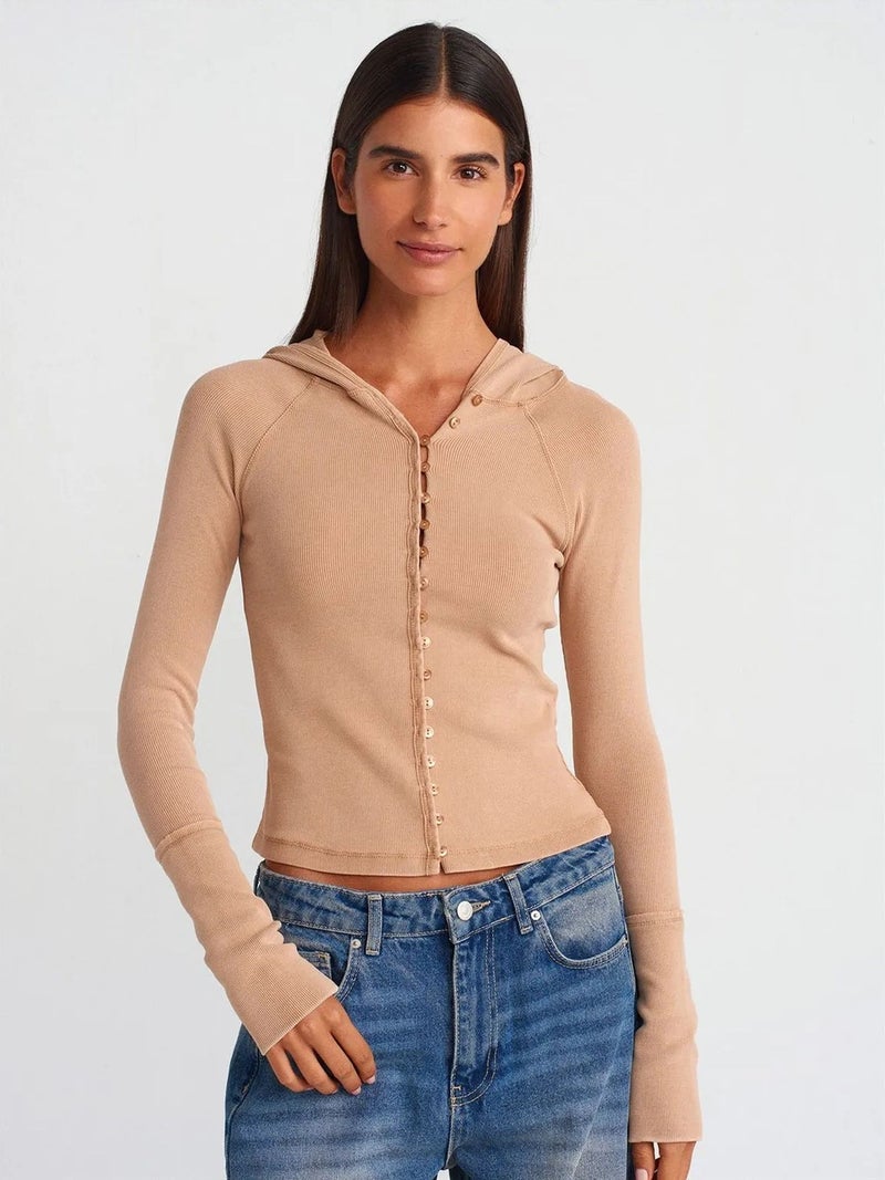 DILVIN Ribbed Cotton-blend Cropped Hooded Blouse - Image 1
