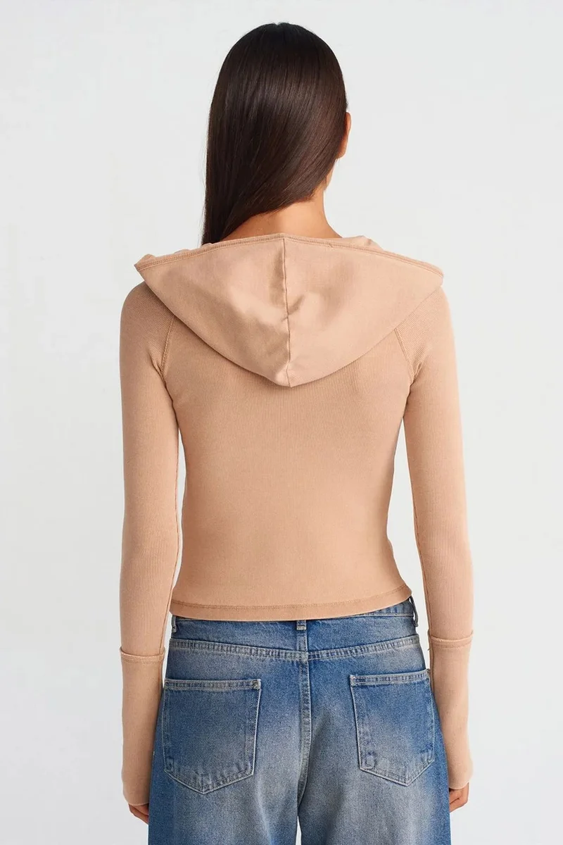 Dilvin Tan Natural DILVIN Ribbed Cotton-blend Cropped Hooded Blouse for Women | Best Price UAE