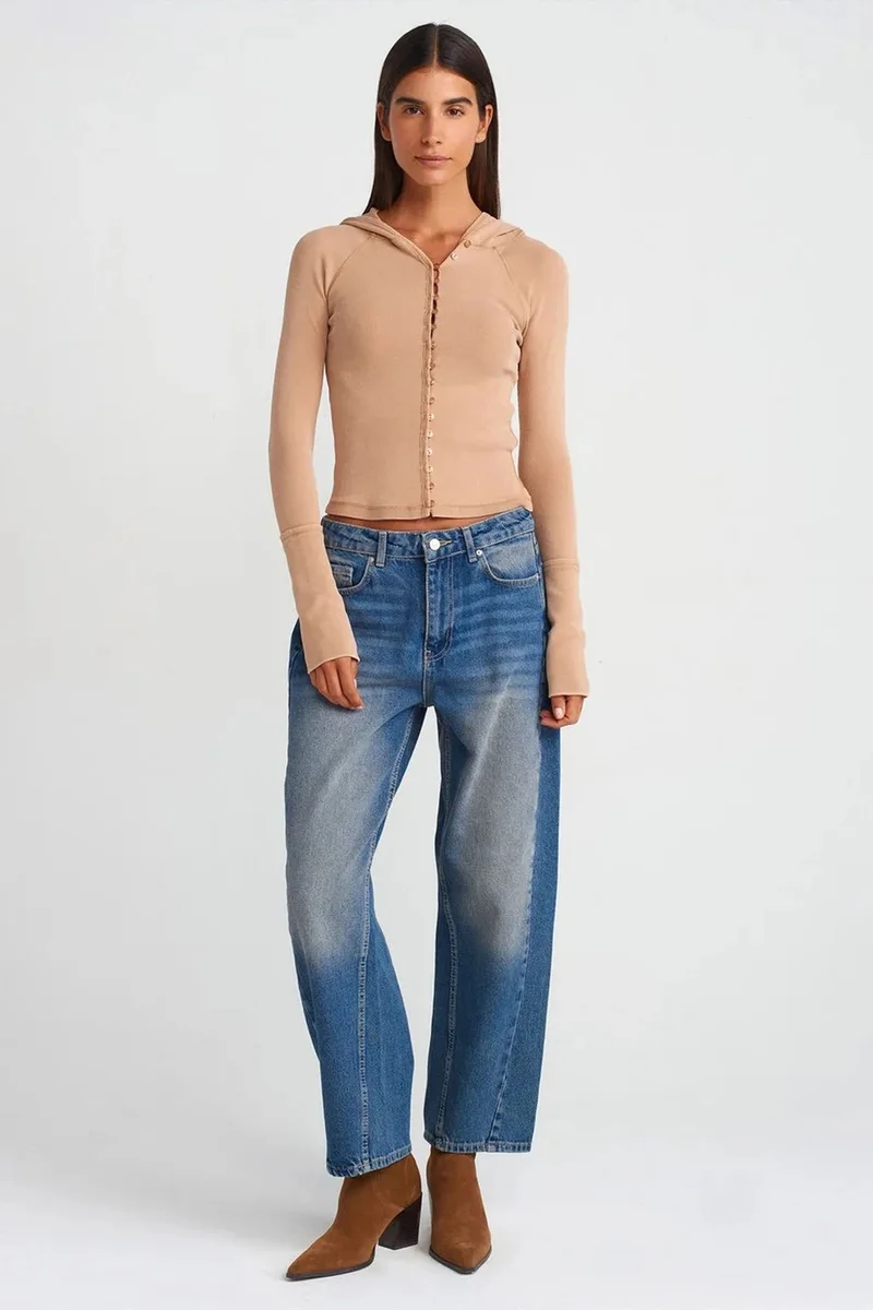 Dilvin Tan Natural DILVIN Ribbed Cotton-blend Cropped Hooded Blouse for Women | Best Price UAE