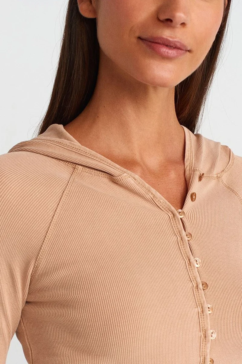Dilvin Tan Natural DILVIN Ribbed Cotton-blend Cropped Hooded Blouse for Women | Best Price UAE