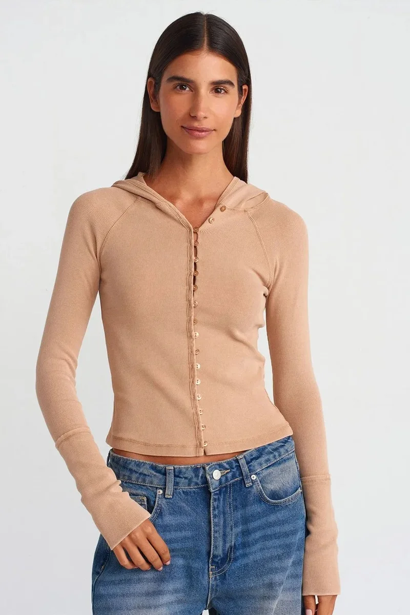 DILVIN Ribbed Cotton-blend Cropped Hooded Blouse