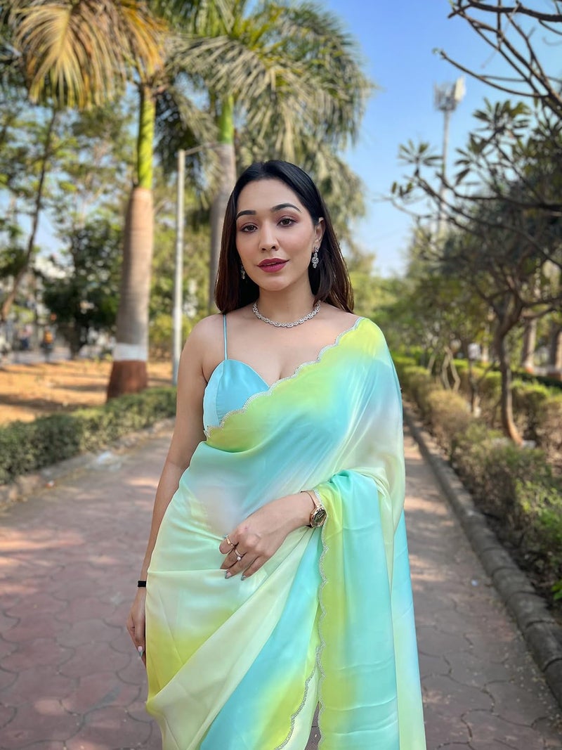 SGF11 Women's Satin Georgette Designer Saree With Blouse Piece (Blue Yellow) - Image 3