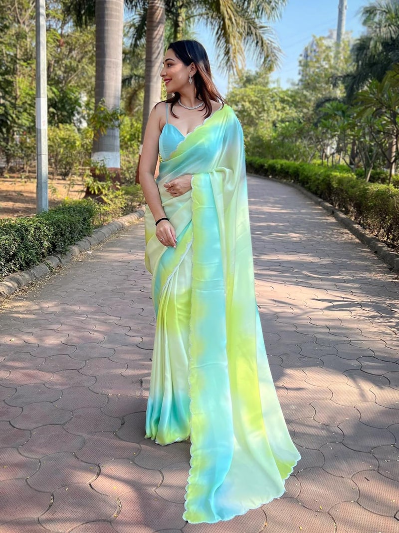 SGF11 Women's Satin Georgette Designer Saree With Blouse Piece (Blue Yellow) - Image 2