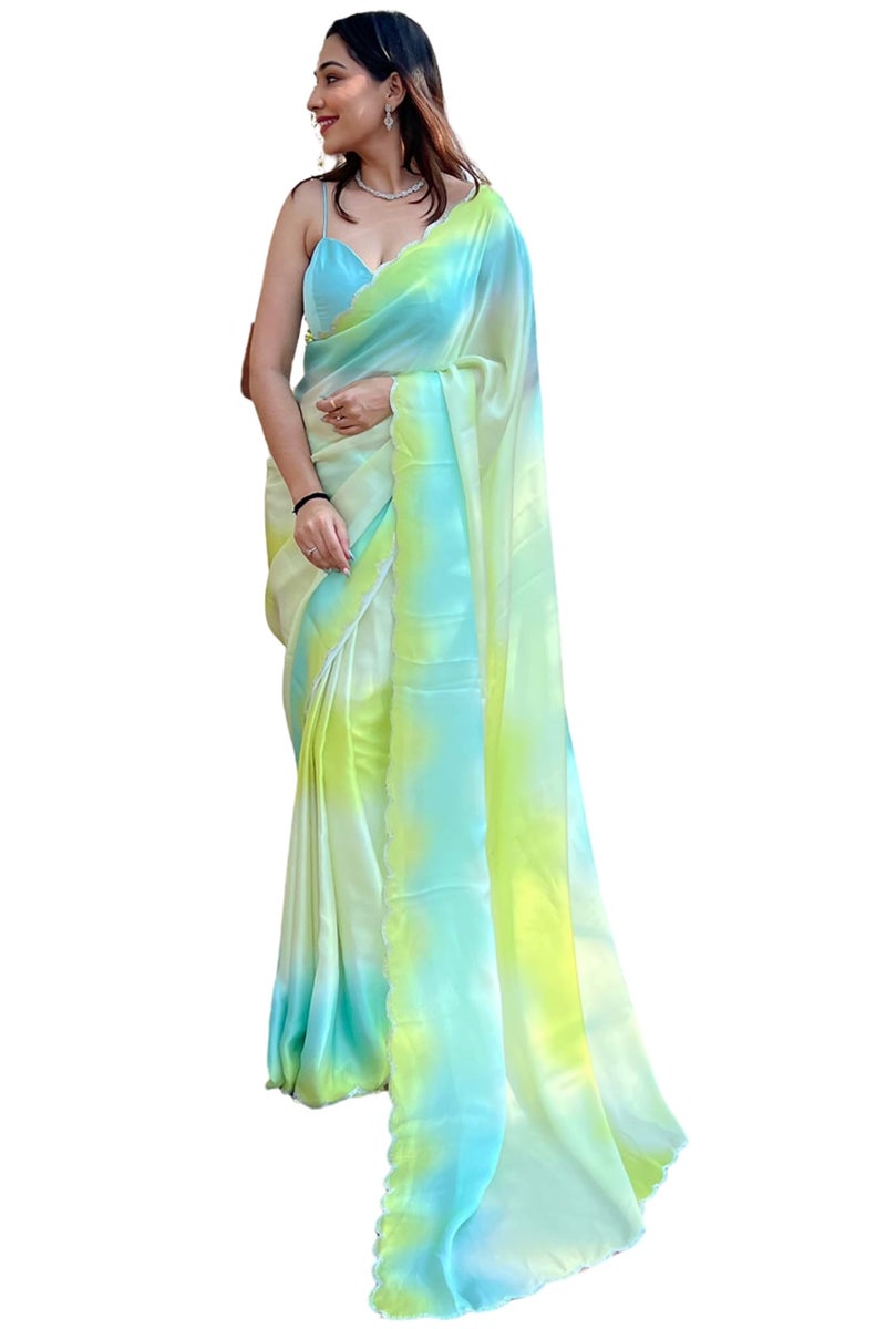 SGF11 Women's Satin Georgette Designer Saree With Blouse Piece (Blue Yellow) - Image 1