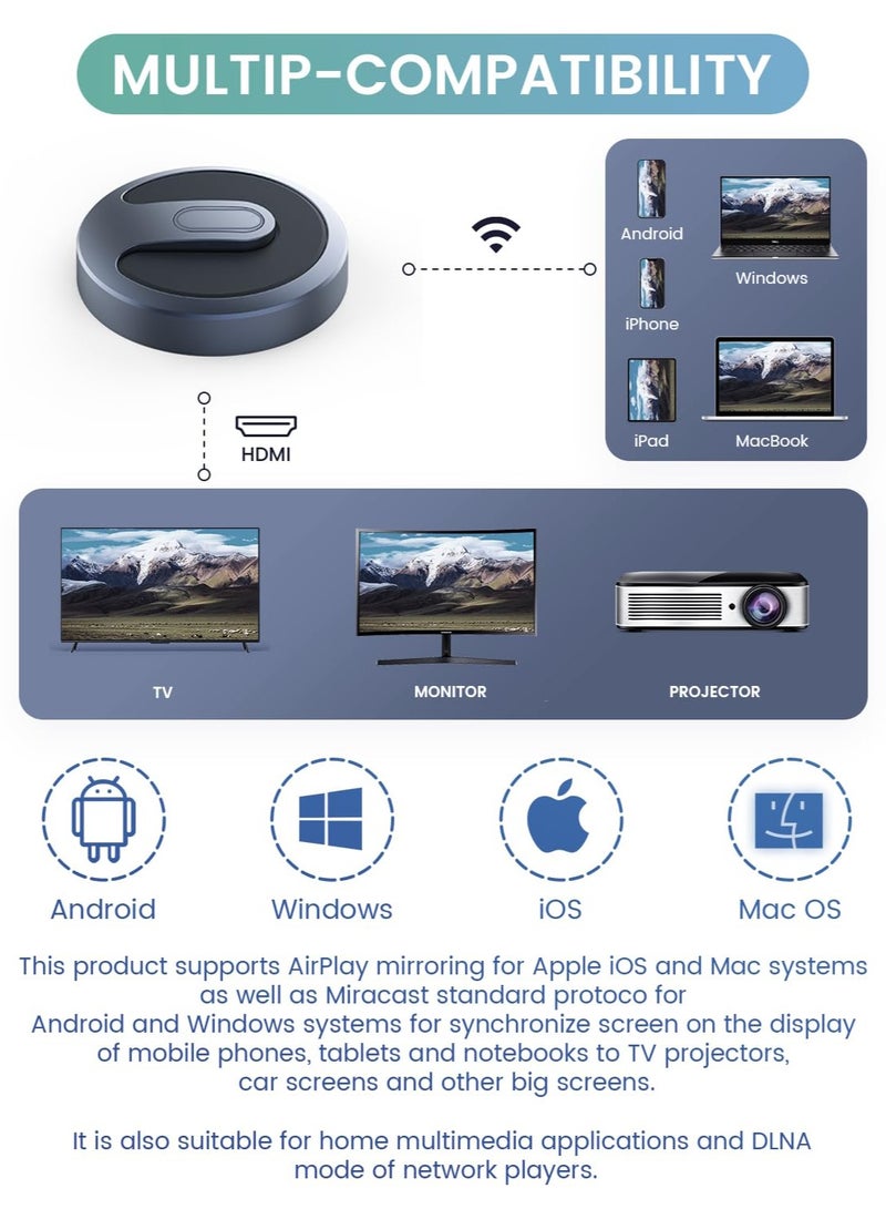 محول دونجل عرض HDMI لاسلكي - وصل وشغّل لاسلكيًا محمولًا لبث الفيديو والصوت إلى أجهزة التلفزيون عالية الدقة، أو أجهزة العرض، أو الشاشات من الكمبيوتر المحمول، أو الكمبيوتر الشخصي، أو الهاتف الذكي. - Image 2