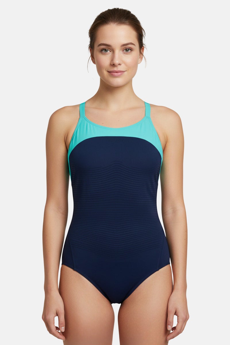speedo Women Embossed Logo Power Form One Piece Swimsuit, Multicolor - Image 1