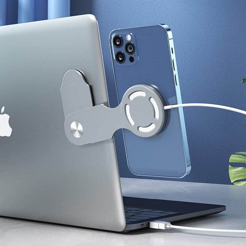 4every 2PCS Laptop Phone Holder,laptop phone mount, cell phone holder for computer monitor, computer macbook accessories,apple ipad mount,Foldable for iPhone13/14/15/16/17 Series with 3M Adhesive,Black+Grey - Image 1