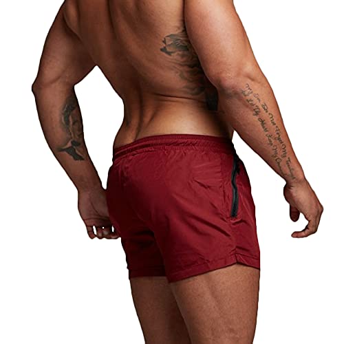 Rexcyril Men's Athletic Gym Workout Shorts 3 Inch Quick Dry Running Bodybuilding Short Shorts with Liner and Zipper Pockets, Win Red, Medium - Image 3