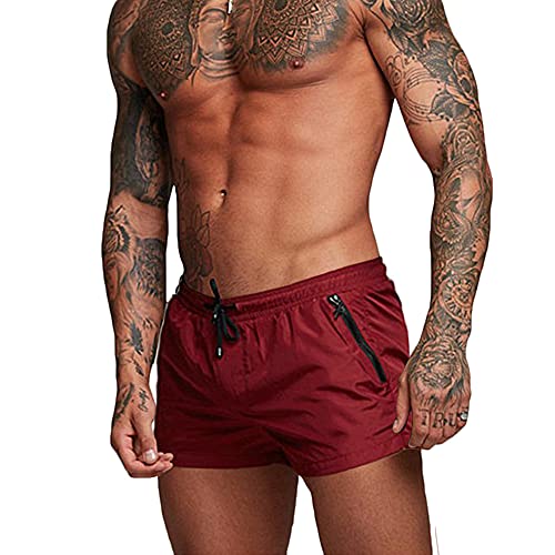 Rexcyril Men's Athletic Gym Workout Shorts 3 Inch Quick Dry Running Bodybuilding Short Shorts with Liner and Zipper Pockets, Win Red, Medium - Image 1