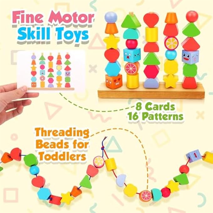MONTESSORI TOYS FOR 2 3 4 YEAR OLD KID BOY GIRL TODDLER, MONTESSORI WOODEN BEADS SEQUENCING TOY SET,LACING BEADS & MATCHING SHAPE COLORS STACKING TOY, STEM PRESCHOOL TOYS BIRTHDAY GIFT (1) - Image 3