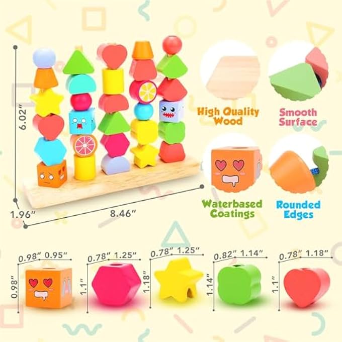 MONTESSORI TOYS FOR 2 3 4 YEAR OLD KID BOY GIRL TODDLER, MONTESSORI WOODEN BEADS SEQUENCING TOY SET,LACING BEADS & MATCHING SHAPE COLORS STACKING TOY, STEM PRESCHOOL TOYS BIRTHDAY GIFT (1) - Image 5