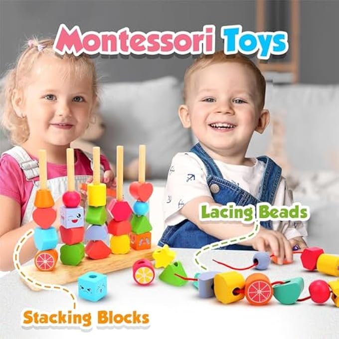 MONTESSORI TOYS FOR 2 3 4 YEAR OLD KID BOY GIRL TODDLER, MONTESSORI WOODEN BEADS SEQUENCING TOY SET,LACING BEADS & MATCHING SHAPE COLORS STACKING TOY, STEM PRESCHOOL TOYS BIRTHDAY GIFT (1) - Image 4