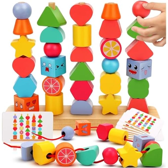 MONTESSORI TOYS FOR 2 3 4 YEAR OLD KID BOY GIRL TODDLER, MONTESSORI WOODEN BEADS SEQUENCING TOY SET,LACING BEADS & MATCHING SHAPE COLORS STACKING TOY, STEM PRESCHOOL TOYS BIRTHDAY GIFT (1) - Image 1