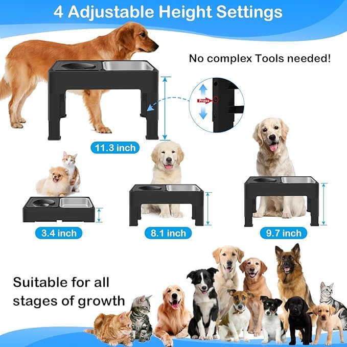 KUTKUT Elevated 2-in-1 Dog Bowls - 4 Adjustable Heights Spill Proof Dog Water Bowl & Stainless Steel Dog Food Bowl - Stand for Small, Medium & Large Dogs (Capacity: SS Bowl: 1.6L, Food Bowl: 2L) - Image 2