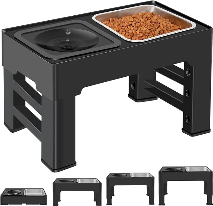 KUTKUT Elevated 2-in-1 Dog Bowls - 4 Adjustable Heights Spill Proof Dog Water Bowl & Stainless Steel Dog Food Bowl - Stand for Small, Medium & Large Dogs (Capacity: SS Bowl: 1.6L, Food Bowl: 2L) - Image 1