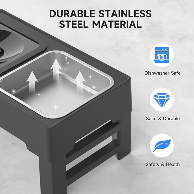 KUTKUT Elevated 2-in-1 Dog Bowls - 4 Adjustable Heights Spill Proof Dog Water Bowl & Stainless Steel Dog Food Bowl - Stand for Small, Medium & Large Dogs (Capacity: SS Bowl: 1.6L, Food Bowl: 2L) - Image 4