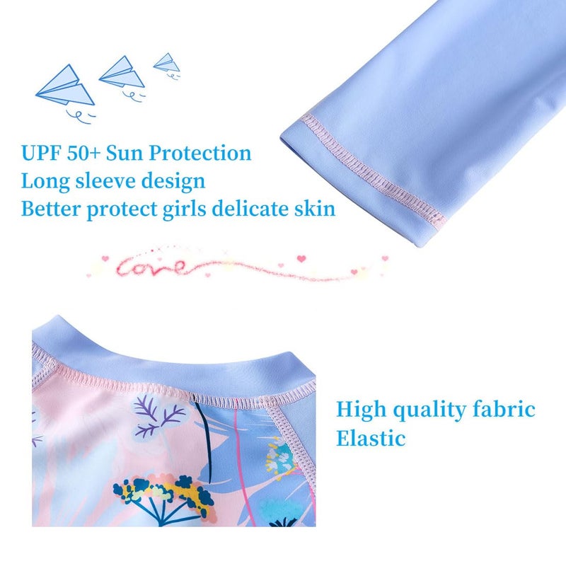 UMELOK Girls Rash Guard Swimsuits Long Sleeve One Piece Swimwear with UPF 50+ Sun Protection Zipper Bathing Suits Blue Pink Flower,4T - Image 5