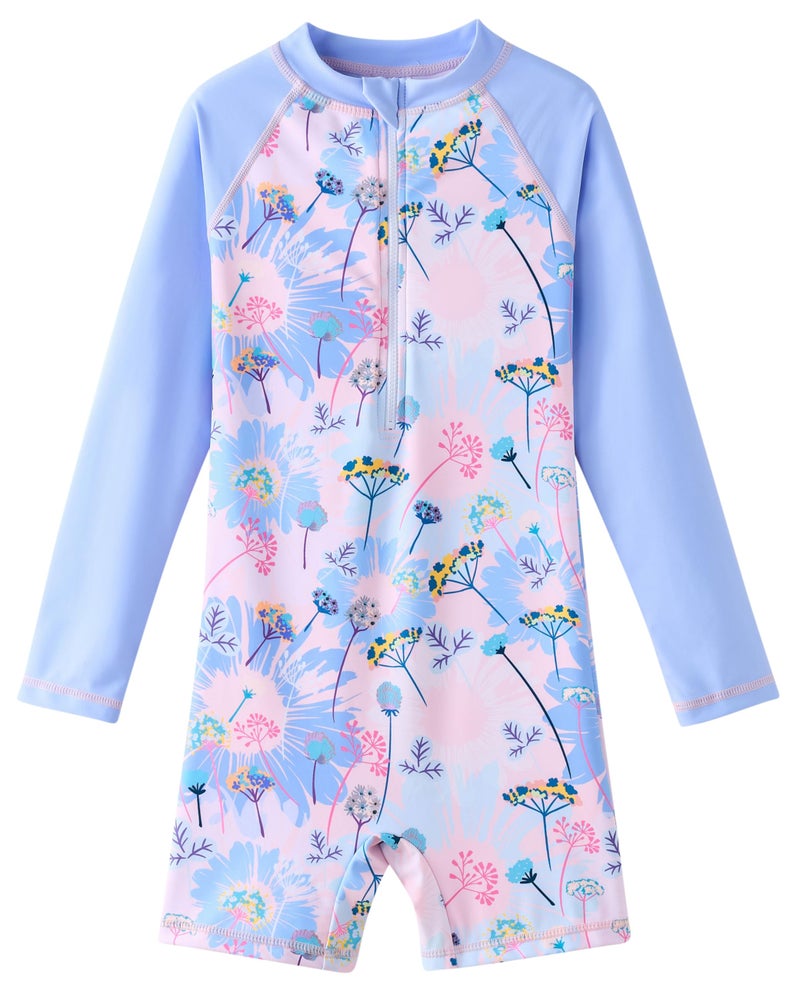 UMELOK Girls Rash Guard Swimsuits Long Sleeve One Piece Swimwear with UPF 50+ Sun Protection Zipper Bathing Suits Blue Pink Flower,4T - Image 1