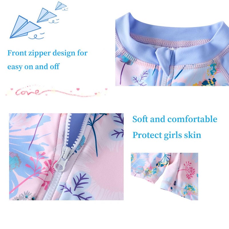 UMELOK Girls Rash Guard Swimsuits Long Sleeve One Piece Swimwear with UPF 50+ Sun Protection Zipper Bathing Suits Blue Pink Flower,4T - Image 4
