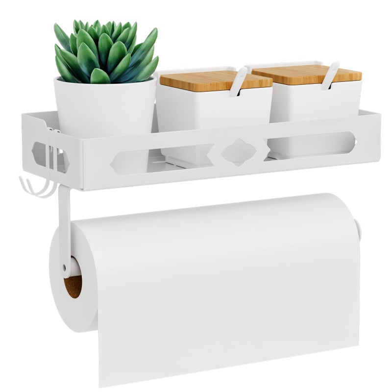 GAGUIUP White Paper Towel Holder Wall Mount with Shelf - Adhesive Hand Towel Rack, Space-Saving for Bathroom, Kitchen, RV Camper - Image 1