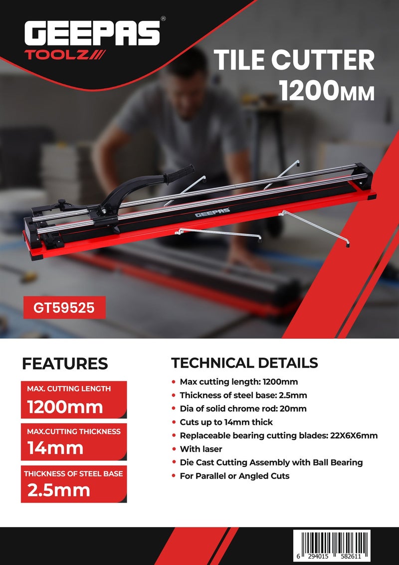 Geepas Tile Cutter- Maximum Cutting Length 1200mm, Thickness Capacity 14mm, 20mm Diameter Solid Chrome Rod/ Replaceable Bearing Blades, Cutting Ceramic and Porcelain Tiles, Precise Parallel and Angled Cuts/ Black and Red - Image 2