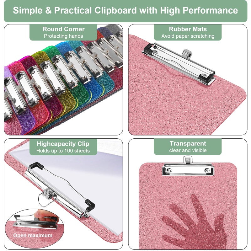SFLHHDM 1 Pcs Clear Glitter Clipboards, Plastic Clipboard with Pen Holder, Size 8.85 x 12.4 in Shiny Clipboards with Low Profile Clip, Cute Hanging Clipboard for Office School Sparkly Clip Board-Pink - Image 3