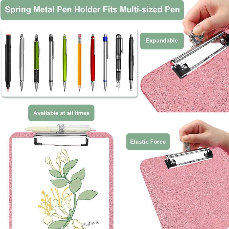 SFLHHDM 1 Pcs Clear Glitter Clipboards, Plastic Clipboard with Pen Holder, Size 8.85 x 12.4 in Shiny Clipboards with Low Profile Clip, Cute Hanging Clipboard for Office School Sparkly Clip Board-Pink - Image 2