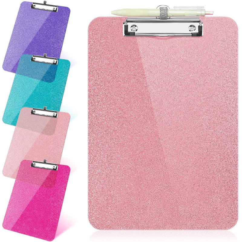 SFLHHDM 1 Pcs Clear Glitter Clipboards, Plastic Clipboard with Pen Holder, Size 8.85 x 12.4 in Shiny Clipboards with Low Profile Clip, Cute Hanging Clipboard for Office School Sparkly Clip Board-Pink - Image 1