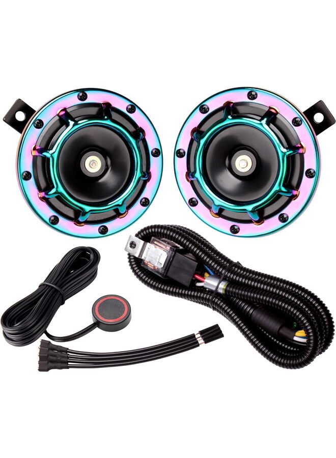Generic 2pcs Waterproofing Car Horn Loud Super tone 12V High Tone/Low Tone Metal Twin Horns Kit with Protective Grill (horn with wire button) (Color : COLOR)  - Image 1