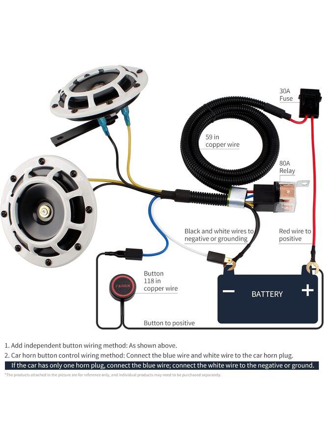 Generic 2pcs Waterproofing Car Horn Loud Super tone 12V High Tone/Low Tone Metal Twin Horns Kit with Protective Grill (horn with wire button) (Color : COLOR)  - Image 4