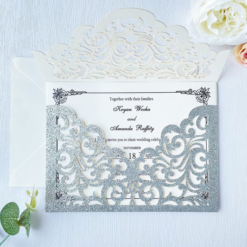 KUCHYNEE 51 x71 inch 50PCS Silver Glitter Flora Laser Cut Wedding invitation Pocket with Envelopes Wedding Invitations Kit for Quinceanera Bridal Shower Party Invite